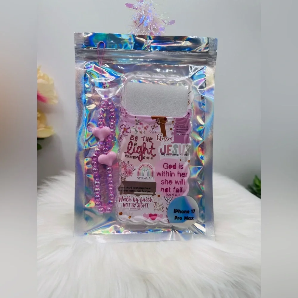 Faith Themed iPhone 17 Pro Max Case with pink Beaded Strap